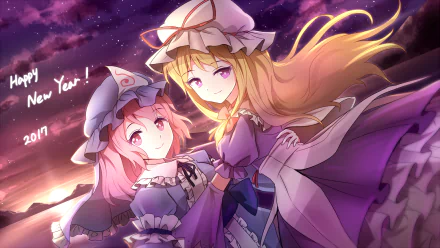 HD anime desktop wallpaper featuring Touhou characters Yukari Yakumo and Yuyuko Saigyouji under a vibrant night sky with Happy New Year 2017 text.
