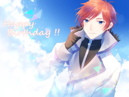 Anime HD PC wallpaper of Reinhard van Astrea (Re:Zero): smiling in a white coat against a bright blue sky with soft clouds and Happy Birthday!! text.
