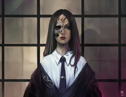 HD PC desktop wallpaper/background: fantasy woman with long black hair and half-skull face, wearing a dark robe and white collar before a paneled window.