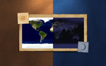 A high-definition desktop wallpaper featuring a world map split between day and night, with a sun symbol on the brown side and a moon symbol on the blue side.