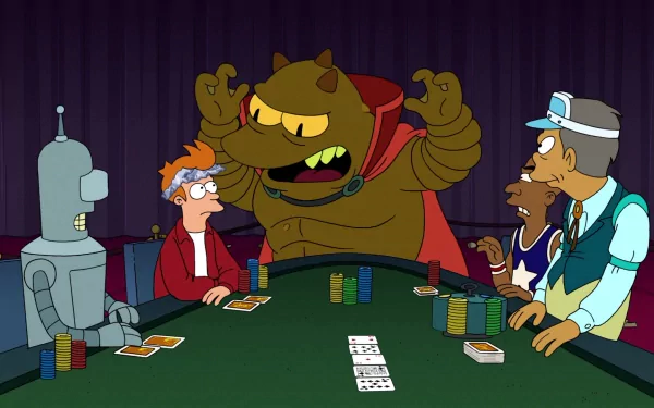 Fry, Bender, and other characters from the TV show Futurama play poker with a large alien in this HD PC desktop wallpaper.