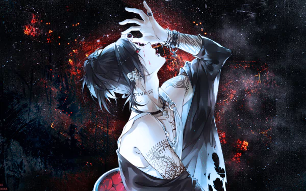 Anime character Uta from Tokyo Ghoul with red eyes, tattoos, piercings, earrings, bracelet, and necklace. The character is holding an eyeball against a dark, fiery background. HD desktop wallpaper.