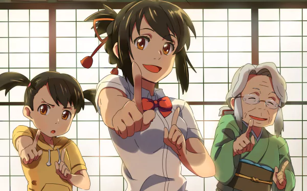 HD desktop wallpaper featuring Yotsuha Miyamizu, Hitoha Miyamizu, and Mitsuha Miyamizu from the anime Your Name. They are standing indoors against a traditional shoji screen backdrop, pointing forward.