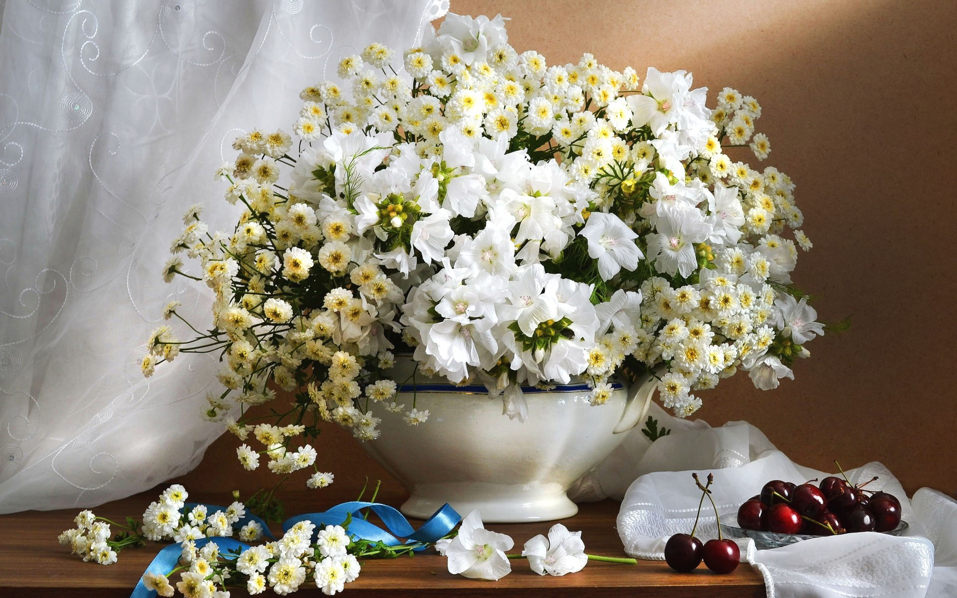 Download White Flower Ribbon Cherry Bowl Flower Photography Still Life ...