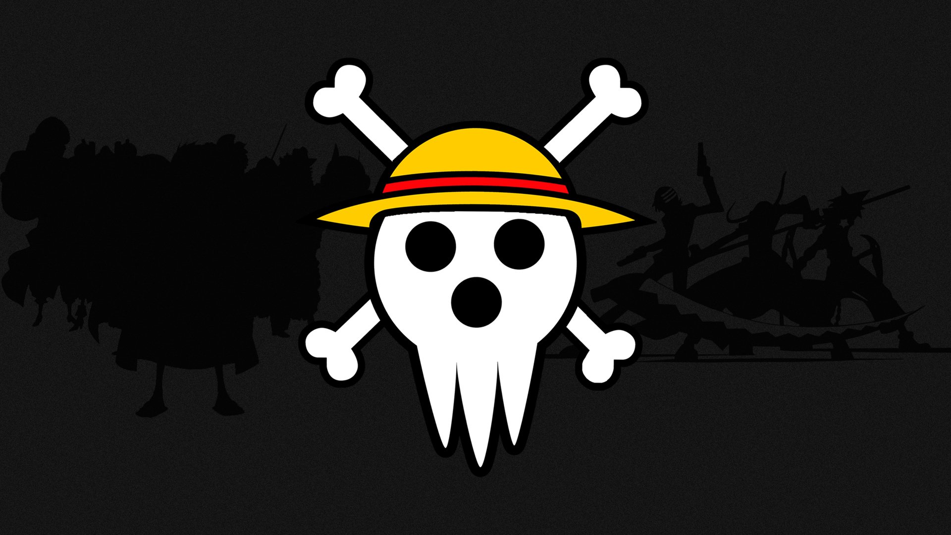HD PC desktop wallpaper featuring a crossover design blending Soul Eater's skull style with One Piece's iconic Straw Hat Jolly Roger symbol.