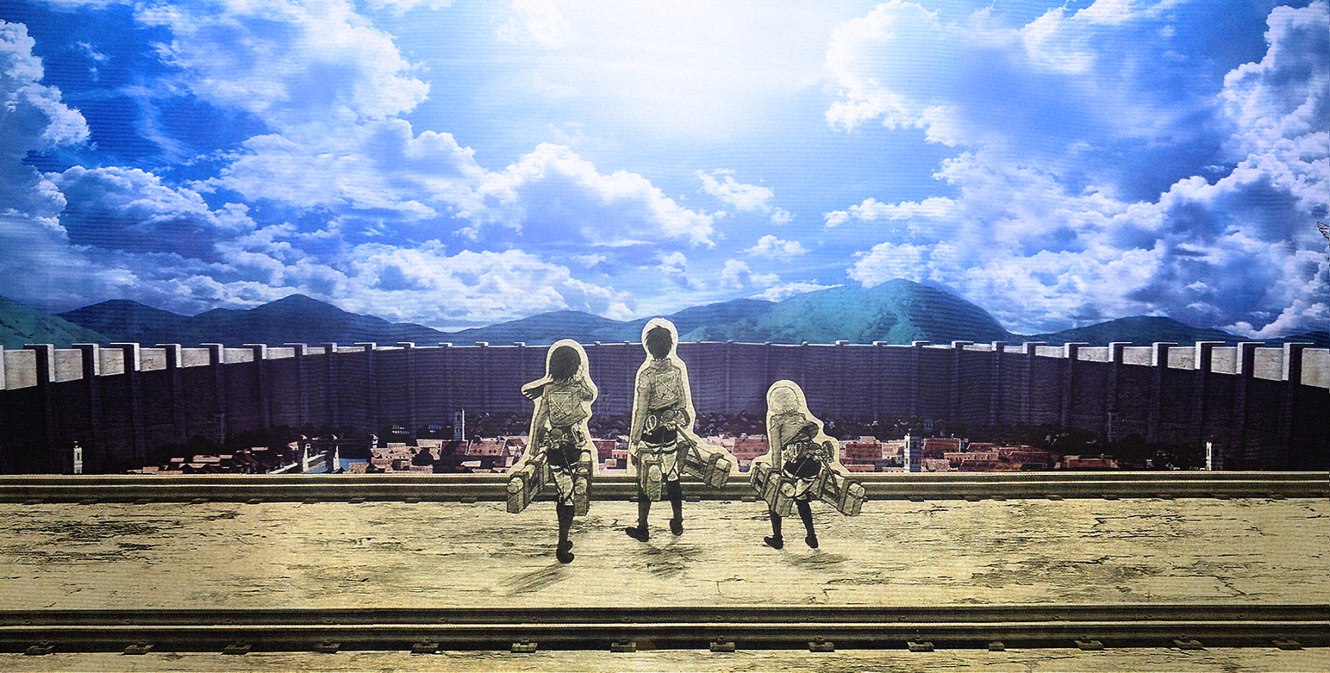 HD desktop wallpaper of Armin Arlert, Eren Yeager, and Mikasa Ackerman from Attack on Titan, overlooking the walled city under a bright, cloudy sky.