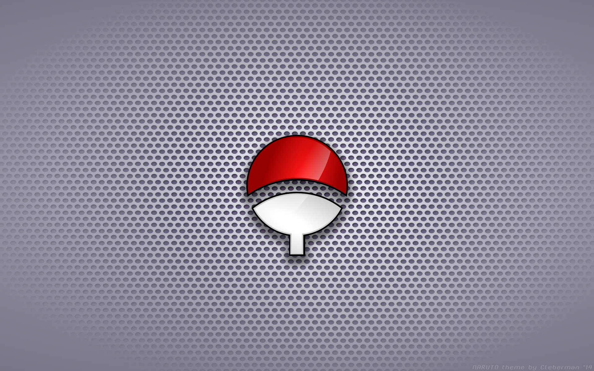 HD PC desktop wallpaper featuring the red and white Uchiha clan symbol from the anime Naruto on a textured gray background.