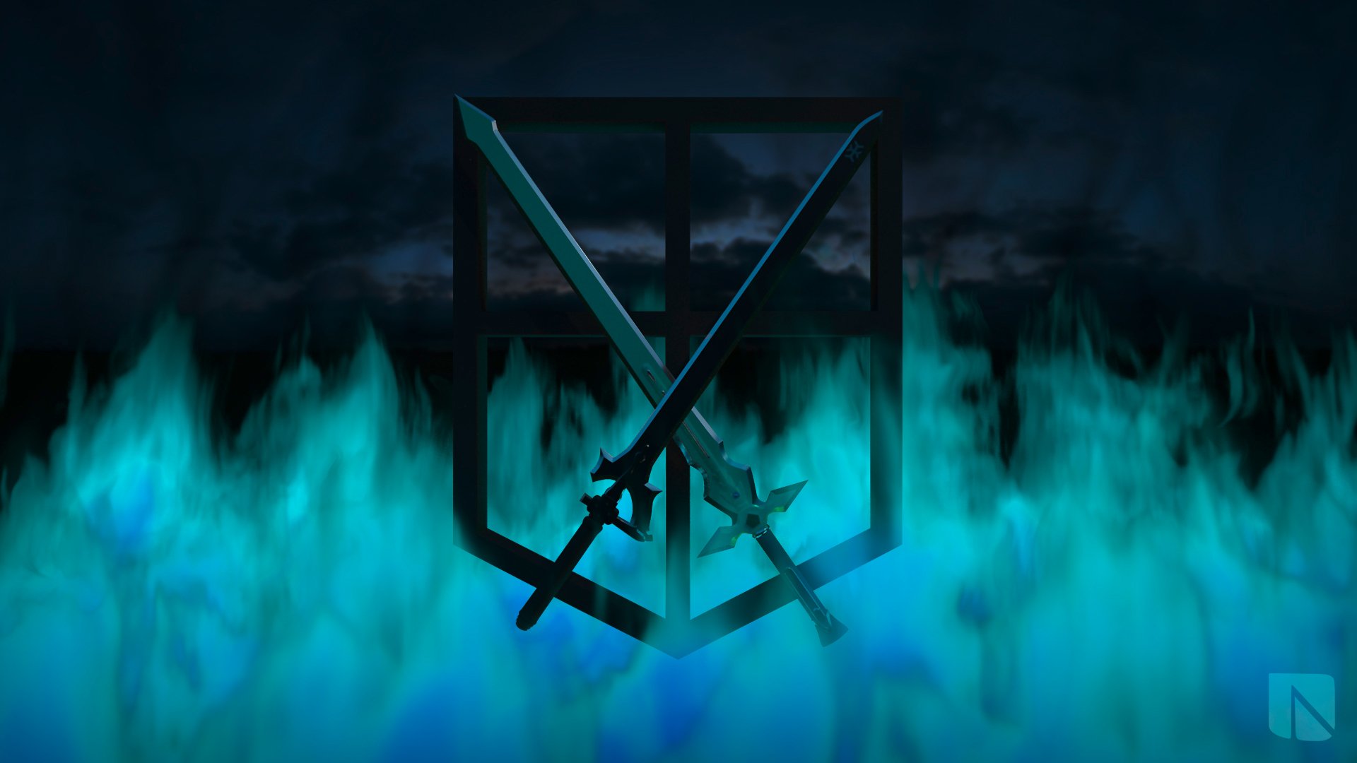 Anime-themed Attack on Titan HD PC desktop wallpaper featuring crossed swords set against a shield emblem with blue flames in the background.