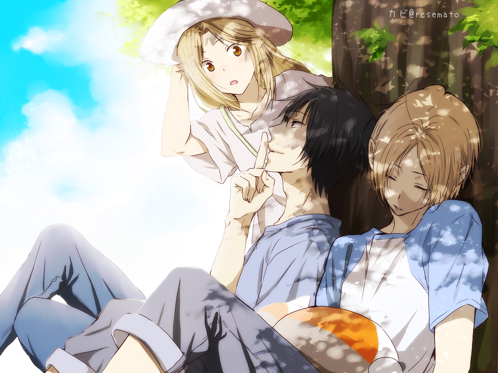 HD desktop wallpaper featuring characters from the anime Natsume Yuujinchou, also known as Natsume's Book of Friends, relaxing under a tree on a sunny day.