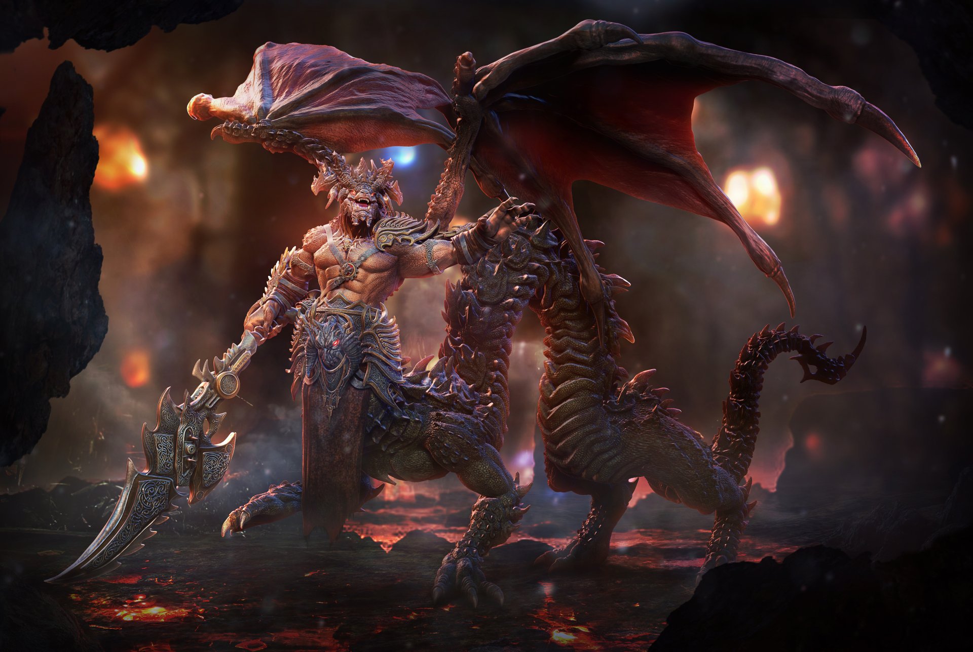 A fierce fantasy creature with wings wields a massive sword, locked in battle with a dragon-like beast in this detailed 4K Ultra HD PC desktop wallpaper.