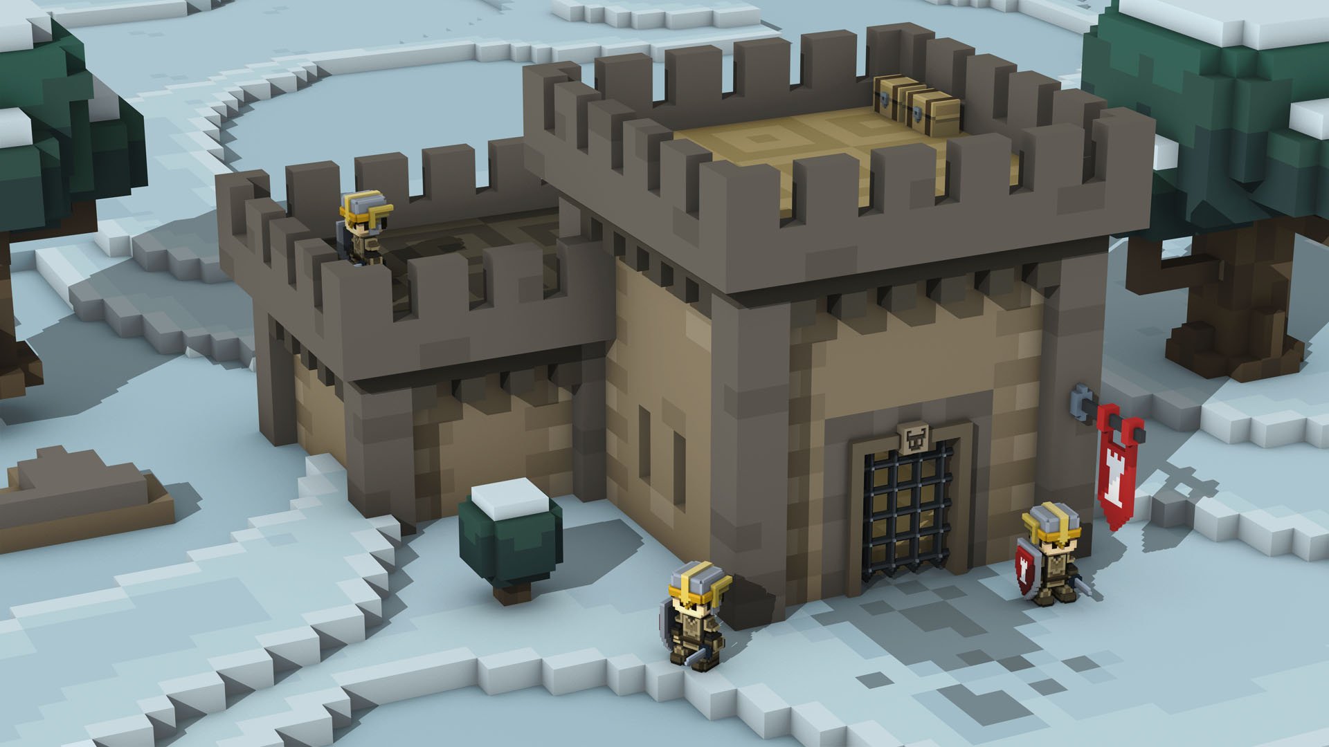 HD desktop wallpaper featuring a Stonehearth game scene with a pixelated fort and characters in a snowy setting.