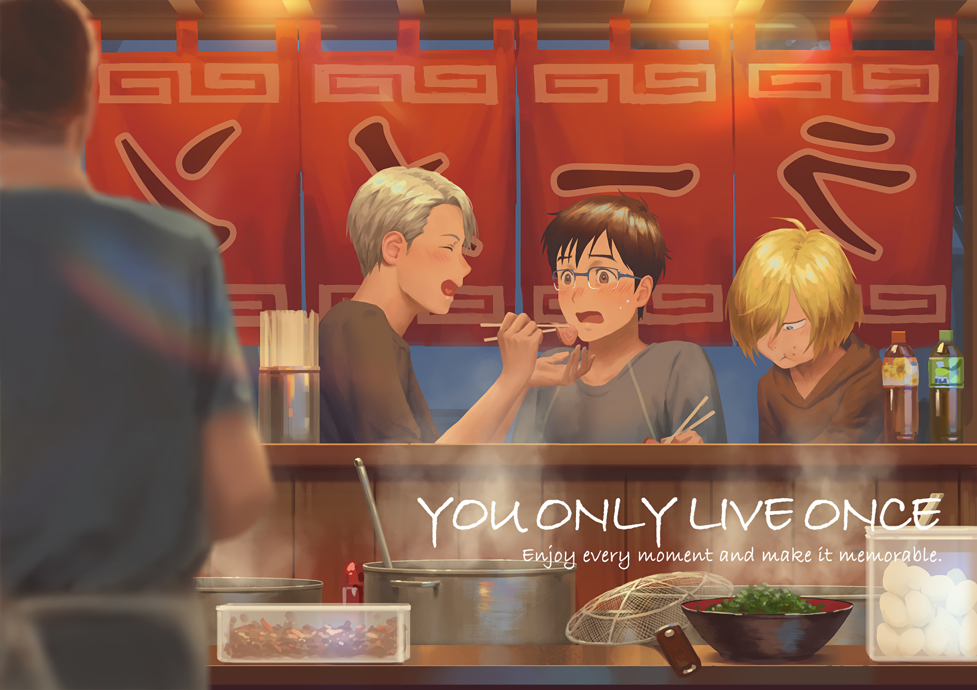 A vibrant HD wallpaper featuring Yuri Plisetsky, Victor Nikiforov, and Yuuri Katsuki from Yuri!!! on ICE enjoying a meal at a cozy diner. Text reads YOU ONLY LIVE ONCE. Enjoy every moment and make it memorable.