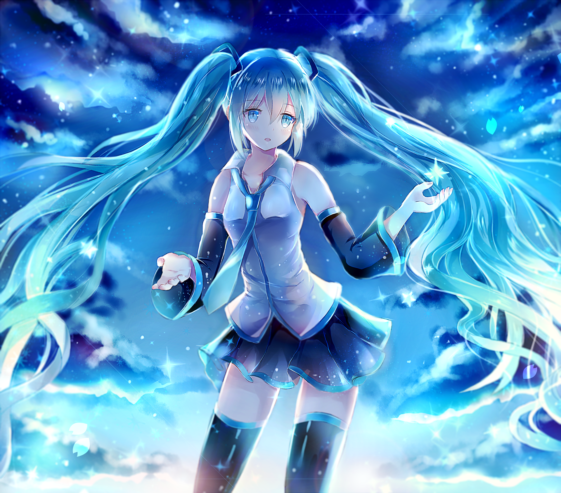 HD anime desktop wallpaper featuring Hatsune Miku, a character from Vocaloid, with long blue hair flowing against a vibrant, starry sky background.