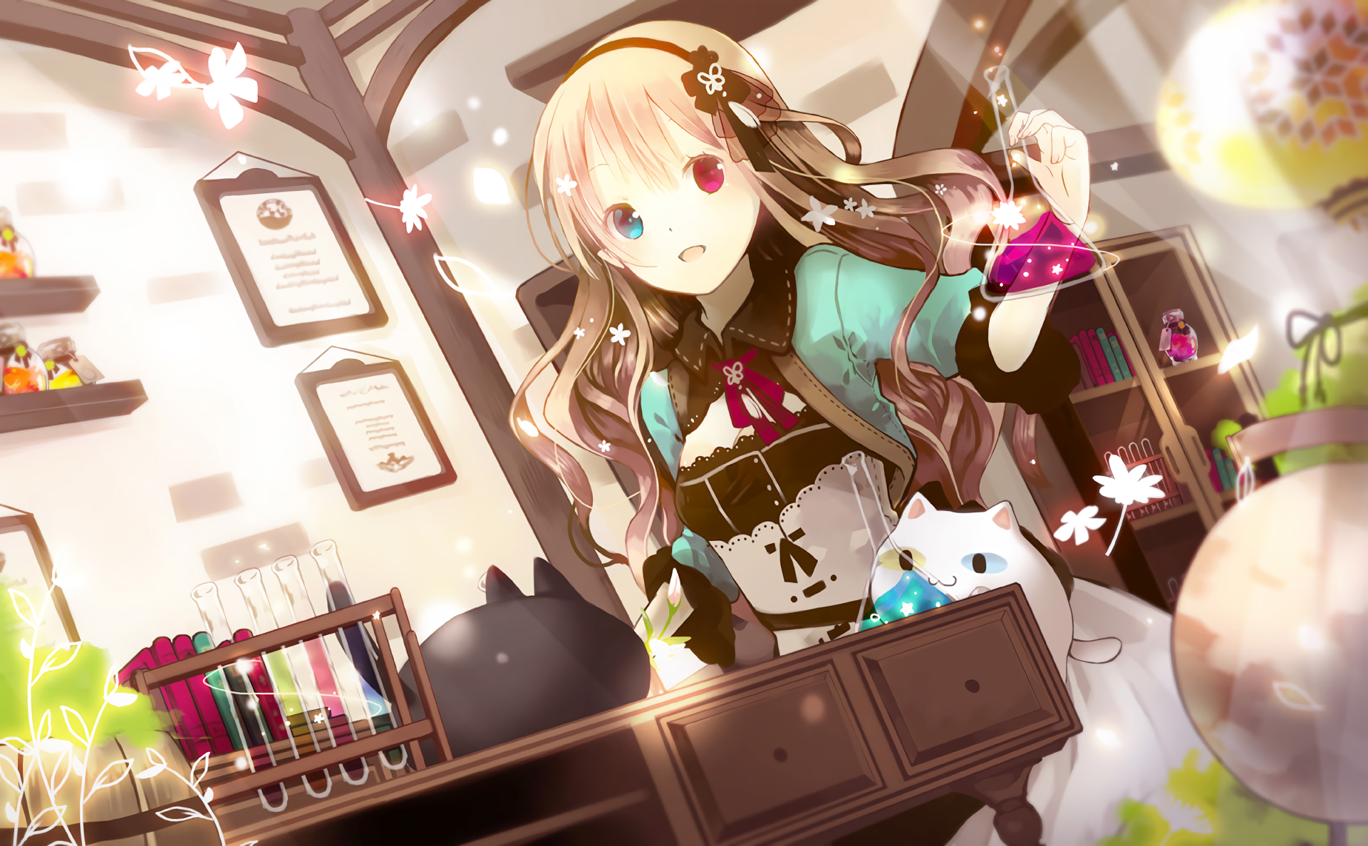 An HD anime wallpaper featuring an original character in a whimsical setting with soft light, surrounded by books, a cat, and floating stars.