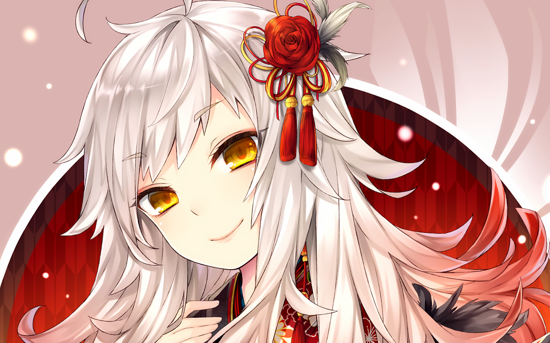 HD anime desktop wallpaper featuring an original character with white hair, golden eyes, and a red hair accessory. The background blends red and pink hues for a striking visual effect.