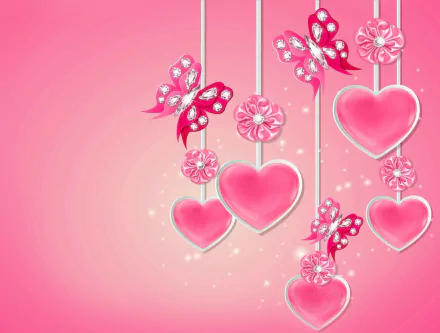 Artistic HD desktop wallpaper featuring pink hearts, rhinestone-adorned butterflies, and delicate flowers against a soft pink background.