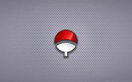 HD PC desktop wallpaper featuring the red and white Uchiha clan symbol from the anime Naruto on a textured gray background.
