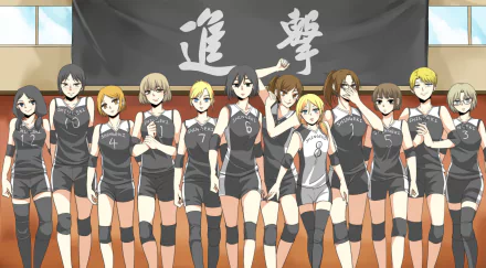 HD wallpaper featuring Attack on Titan characters Rico Brzenska, Mina Carolina, Petra Ral, Ymir, Sasha Blouse, Mikasa Ackerman, Hitch Dreyse, Historia Reiss, Hange Zoë, and Annie Leonhart in volleyball uniforms.