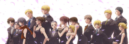 HD anime wallpaper featuring Attack on Titan characters Ymir, Sasha, Reiner, Mike, Levi, Jean, Erwin, Hange, Eren, Connie, Historia, Armin, and Annie in formal attire.