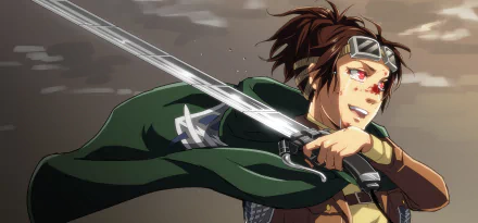 Hange Zoë from Attack on Titan wields a sword with determination, showcasing dynamic action in this high-definition anime desktop wallpaper.