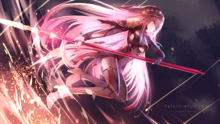 HD desktop wallpaper featuring Scathach from Fate/Grand Order. The anime character is depicted in an action pose holding a weapon, with vibrant colors and dynamic effects in the background.