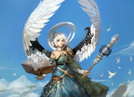 A fantasy angel with short white hair and majestic wings holds a book and staff against a bright blue sky, surrounded by flying white birds. HD PC desktop wallpaper.