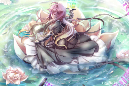 HD PC desktop wallpaper of Byakuren Hijiri (Touhou) — anime-style scene: she reclines on a lotus pad over shimmering water, flowing robes and soft pink hair.