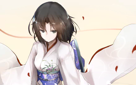 HD anime desktop wallpaper featuring a character from The Garden of Sinners in traditional attire with soft colors and delicate floral patterns.