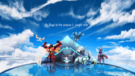 Video game HD PC desktop wallpaper from Pokémon: Sun and Moon — a trainer and several Pokémon pose on a glossy reflective platform beneath a dramatic blue sky.