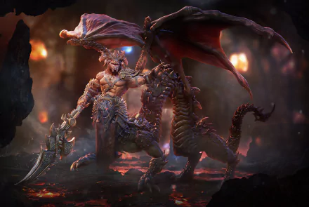 A fierce fantasy creature with wings wields a massive sword, locked in battle with a dragon-like beast in this detailed 4K Ultra HD PC desktop wallpaper.