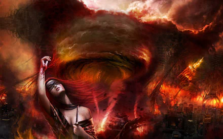 A dramatic and fiery scene from Legend of the Five Rings, featuring intense fire and destruction with a knife-wielding figure, for an HD desktop wallpaper and background.