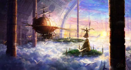 Fantasy anime-style HD desktop wallpaper depicting a steampunk airship and floating islands above clouds at sunset in an original imaginative world.