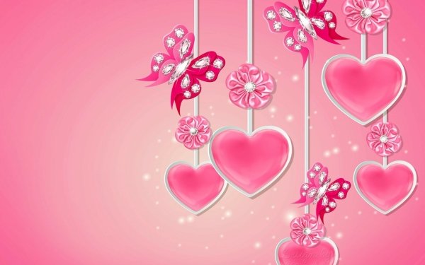 Artistic Pink Heart Butterfly Rhinestone Flower HD Wallpaper | Background Image
