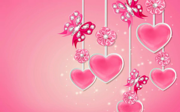 Artistic HD desktop wallpaper featuring pink hearts, rhinestone-adorned butterflies, and delicate flowers against a soft pink background.