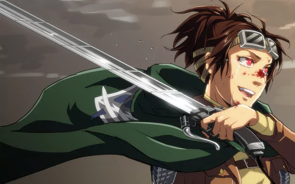 Hange Zoë from Attack on Titan wields a sword with determination, showcasing dynamic action in this high-definition anime desktop wallpaper.