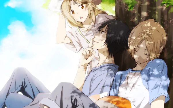 HD desktop wallpaper featuring characters from the anime Natsume Yuujinchou, also known as Natsume's Book of Friends, relaxing under a tree on a sunny day.