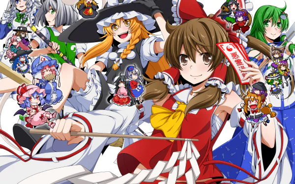 HD PC desktop wallpaper and background — anime Touhou scene with Reimu in red shrine maiden attire and Marisa in a witch hat center stage, surrounded by many colorful characters.