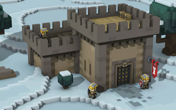 HD desktop wallpaper featuring a Stonehearth game scene with a pixelated fort and characters in a snowy setting.