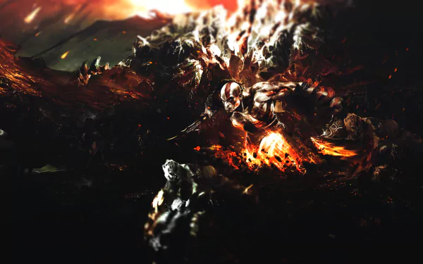 A dynamic 4K Ultra HD wallpaper featuring intense scenes from the video game God of War, capturing the fierce action and dramatic atmosphere of the game.