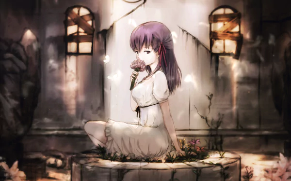 HD desktop wallpaper featuring Sakura Matou from the anime Fate/stay Night Movie: Heaven's Feel, sitting in a tranquil, softly-lit setting with flowers and a serene expression.