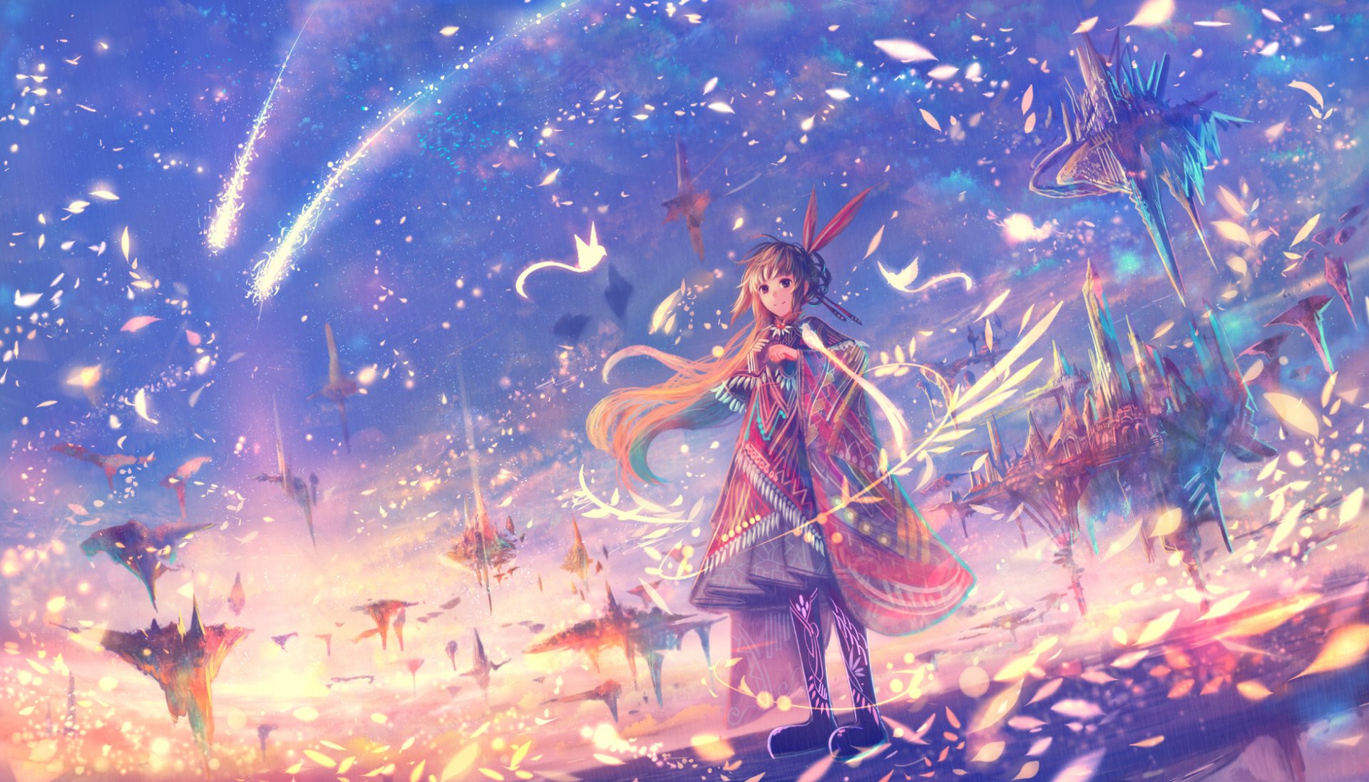 HD anime wallpaper featuring an original character in a vibrant, mystical realm with floating islands and shooting stars. The colorful, dynamic scenery creates a stunning, immersive background.