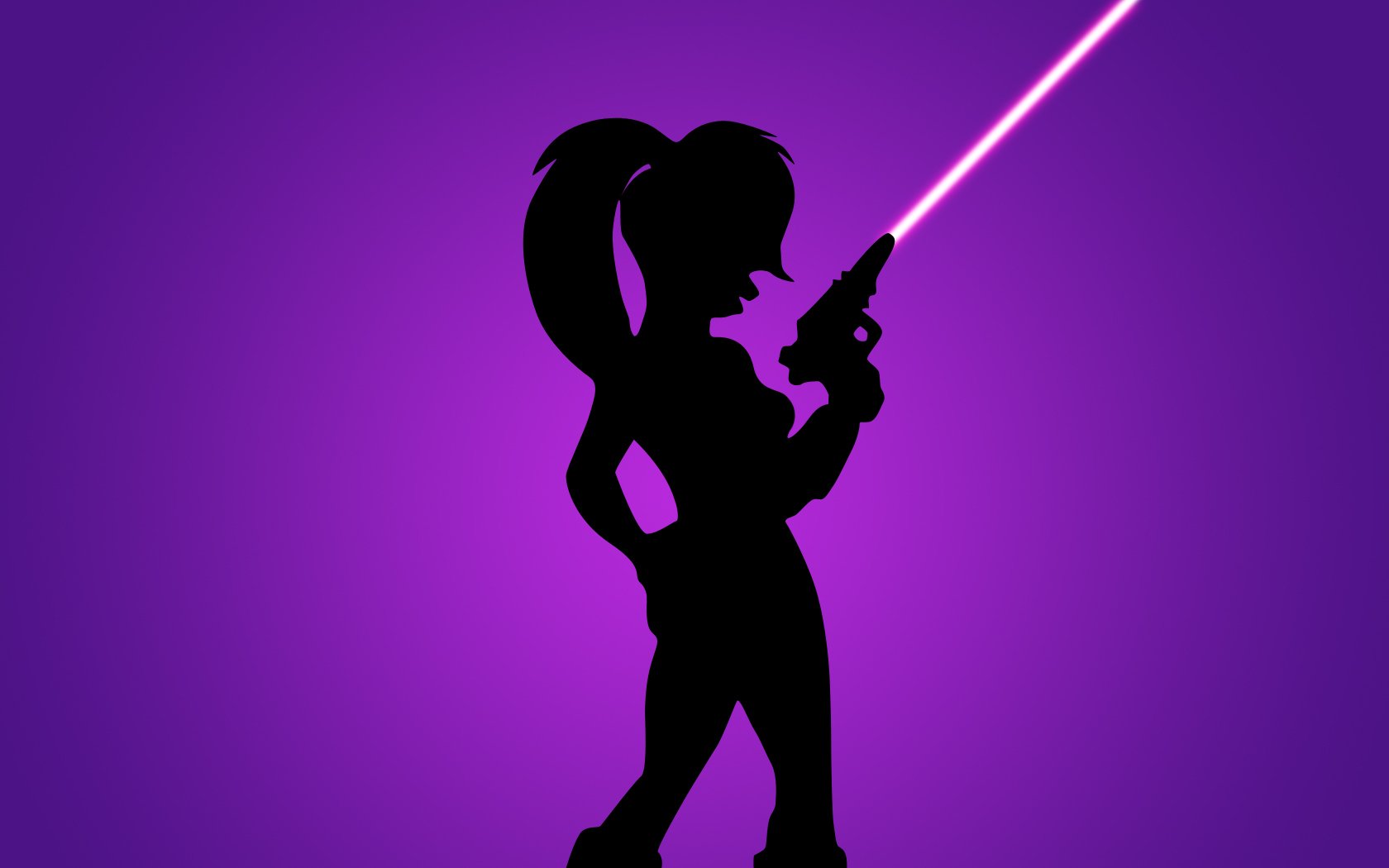 A vibrant HD desktop wallpaper featuring Leela from *Futurama*, depicted in silhouette against a striking purple background, wielding a futuristic gun with a glowing laser beam.