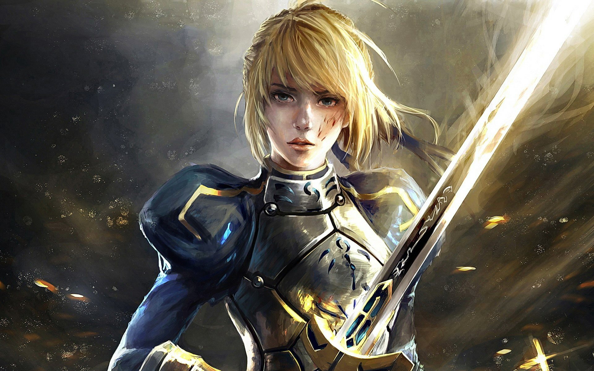 HD anime wallpaper featuring Saber from Fate/Stay Night: Unlimited Blade Works, a blonde, short-haired fantasy warrior in armor with blue eyes wielding a glowing sword.