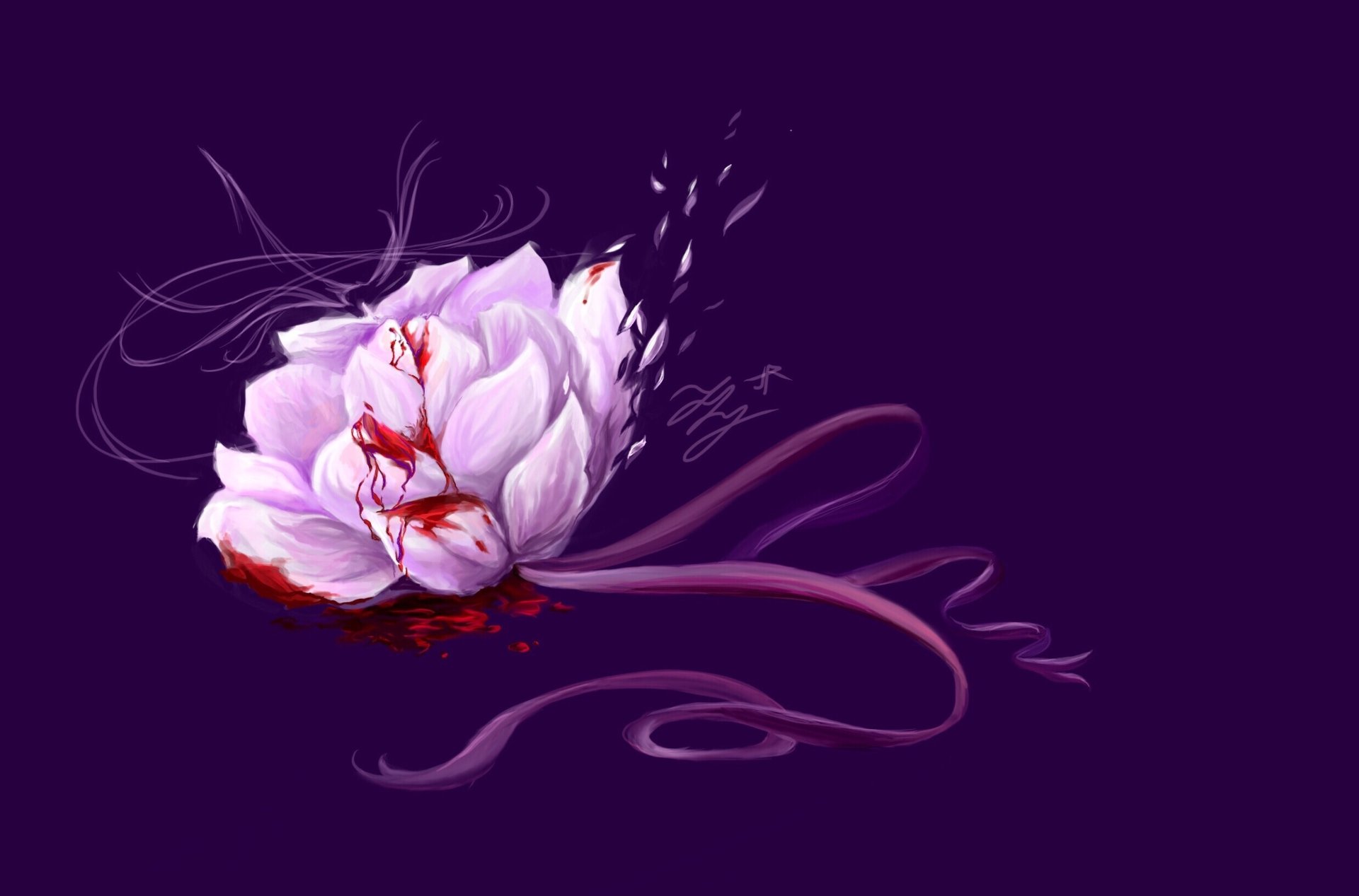 HD PC desktop wallpaper featuring a delicate blood-stained white flower inspired by the anime Re:Zero - Starting Life in Another World on a dark purple background.