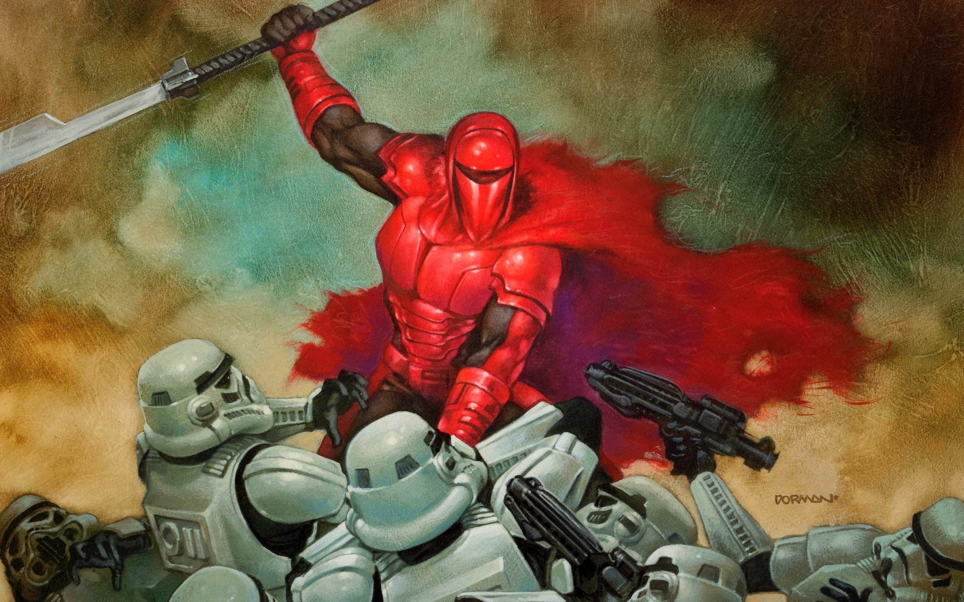Comic-style Star Wars 2K Quad HD PC desktop wallpaper: red-armored guard with flowing cape and spear charging over a pile of white stormtroopers.