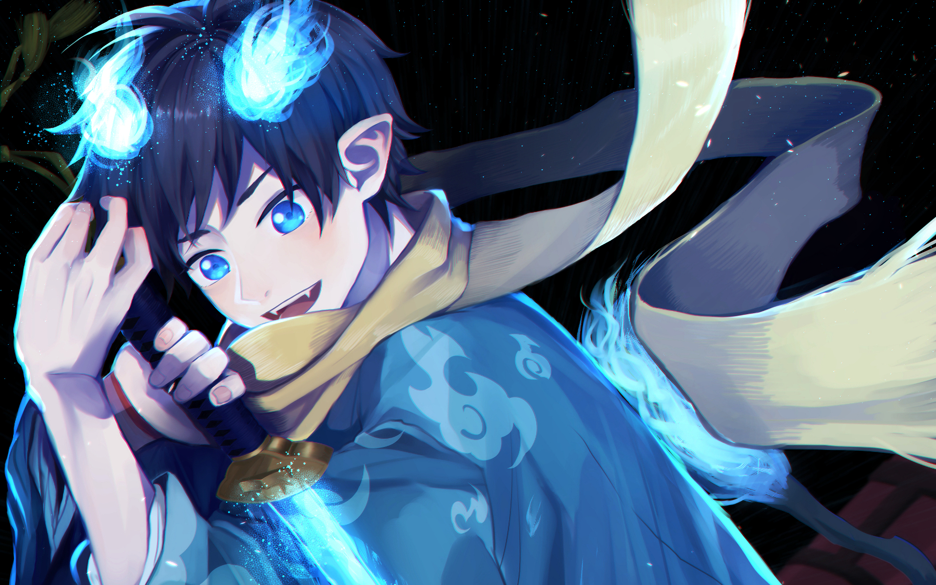 HD PC desktop wallpaper featuring Rin Okumura from Blue Exorcist with glowing blue flames and a dynamic pose against a dark background.