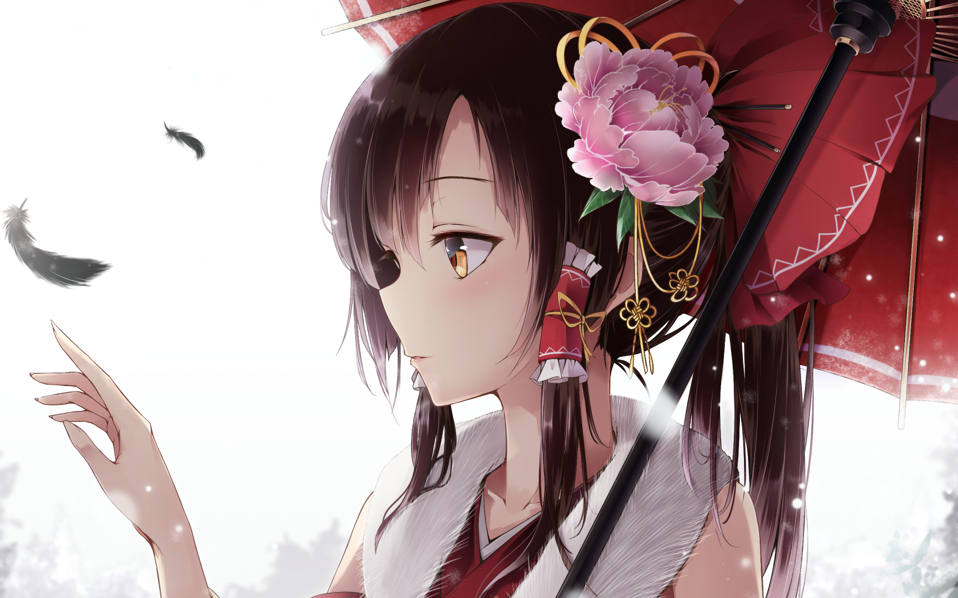 HD desktop wallpaper featuring Reimu Hakurei from the anime series Touhou. The image showcases her holding a red umbrella with a serene expression and detailed floral accents in her hair.