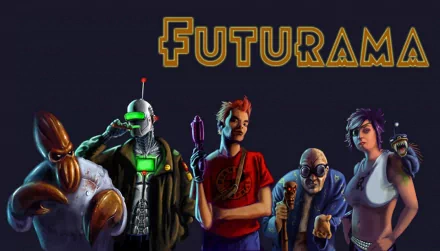 A vibrant HD wallpaper featuring characters from the TV show Futurama, showcasing a colorful ensemble against a dark background.