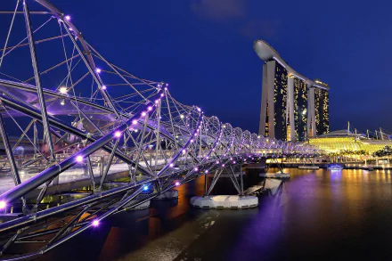 Night view of Singapore’s Helix Bridge illuminated in purple lights, reflecting on water with Marina Bay Sands glowing in the background.