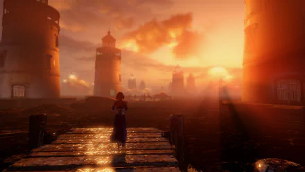 Elizabeth from the video game Bioshock Infinite stands on a wooden dock near a lighthouse at sunset, captured in a vibrant HD PC desktop wallpaper.